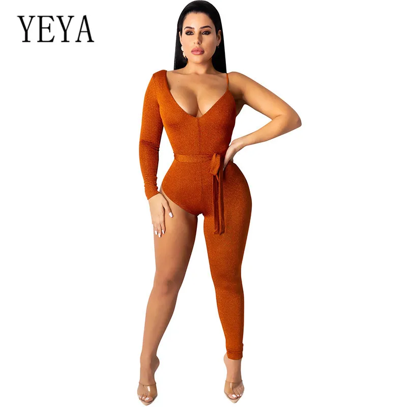 

YEYA Women Bandage Irregular Bodycon Long Overalls Korean Silk Sexy Single Sleeve One-piece Elegant Jumpsuits for Femme Mono