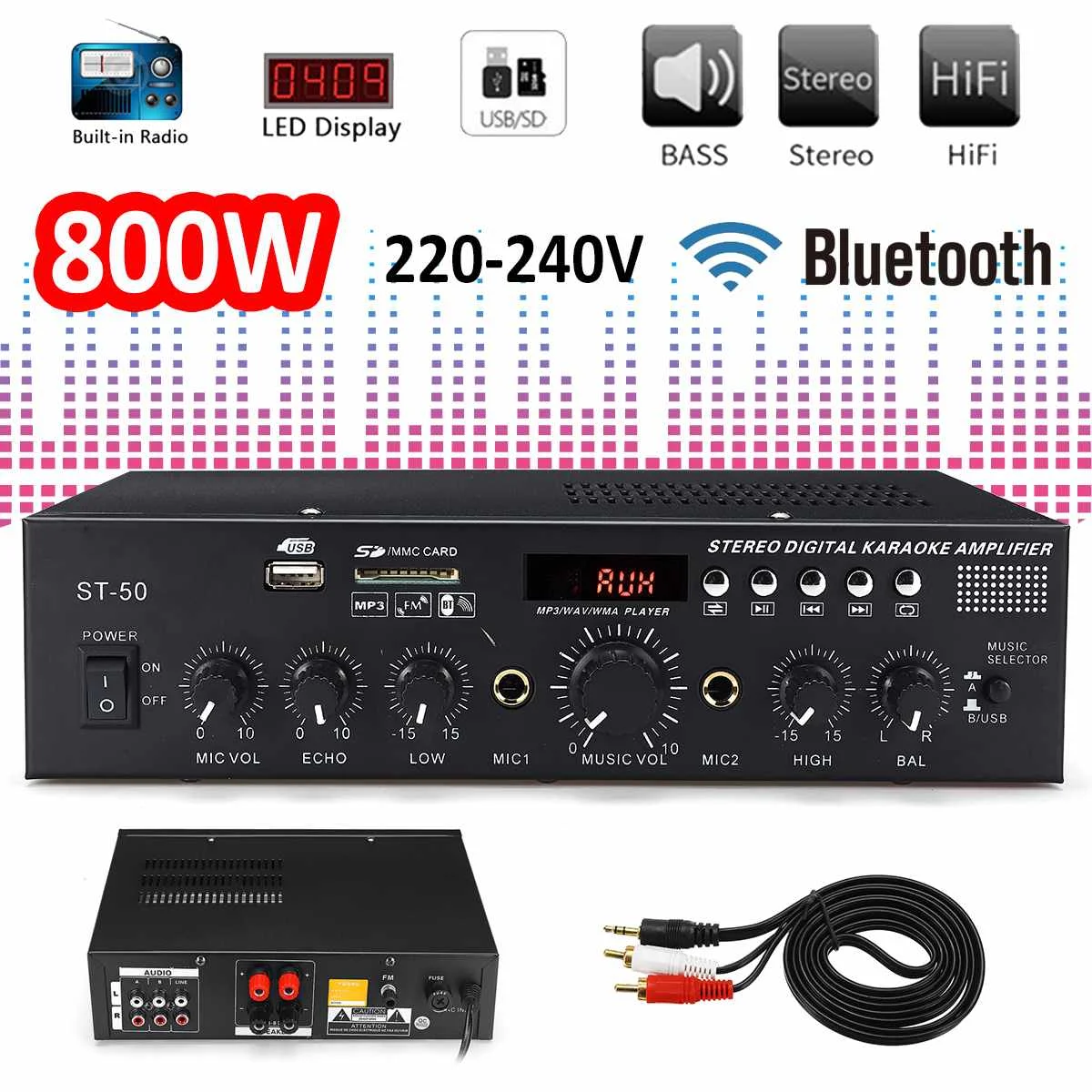 800 Вт 220-240 В 2CH HIFI усилитель мощности аудио стерео домашний кинотеатр звуковая система сабвуфер мини усилитель для караоке музыкальный плеер