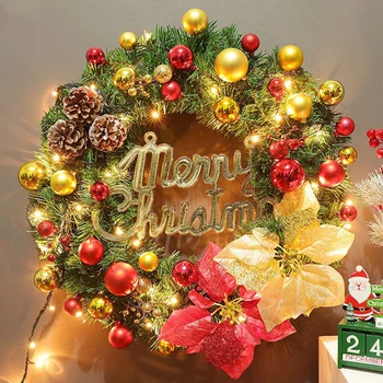 

40cm Lighted Christmas Wreath With Flower Pine Cones And Decorative Ball Front Door TB Sale