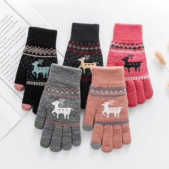 

Vintage Christmas Deer Knitted Gloves Thicken Touch Screen Gloves Winter Warm Snow Elk Full Finger Mittens Xmas Gift Women