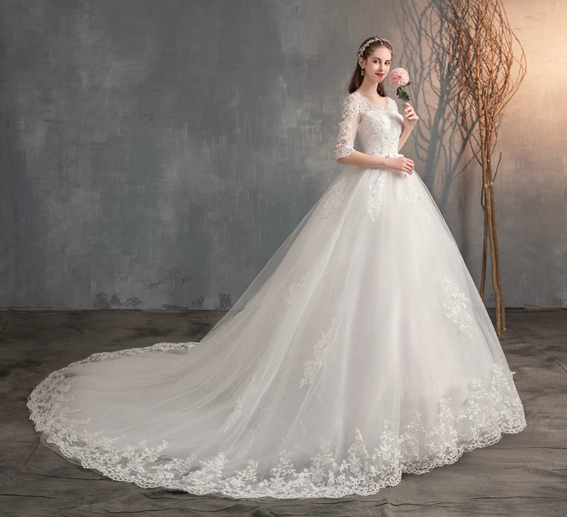 2021 New V Neck Half Sleeve Wedding Dresses Long Lace Embroidery Train Bridal Gown Elegant Plus Size Vestido De Noiva