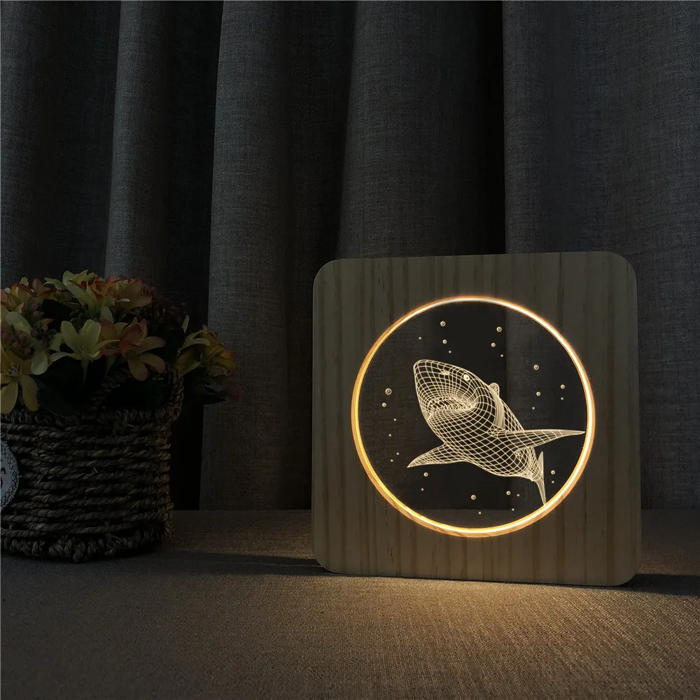  Big Shark 3D LED Arylic Wooden Night Lamp Table Light Switch Control Sports Carving Lamp for Childr - 4000094227841