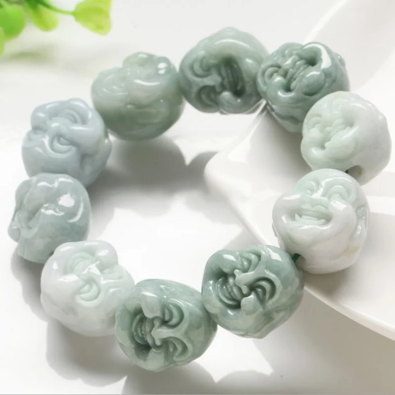 

Natural Myanmar Emerald Buddha Head Bracelets Drop Shipping Luck Amulet Jade Stone Bracelets For Men And Women Gift