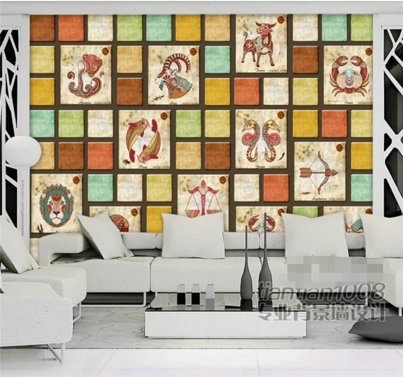 Custom large wallpaper 3D mural nostalgic retro twelve constellation lattice interior decoration wall covering