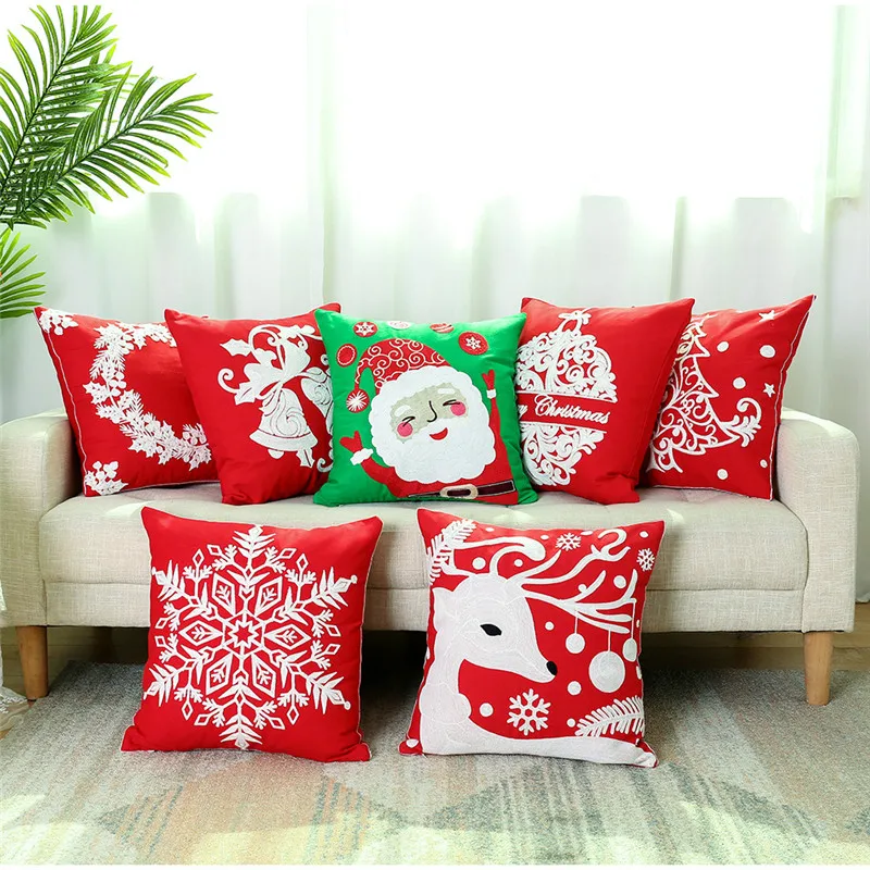 

Delicate Embroidery Cushion Cover Cotton Sofa Pillowcase Christmas Decor Merry Christmas Deer Santa Claus Happy New Year 2019