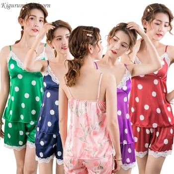 

2020 New Women Silk Pajamas Set Elegant Lace Satin Spaghetti Strap Clothes Summer V-neck Sleepwear Top + Shorts Pajamas Set