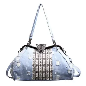 

2019 Fashion Denim Rhinestones Crystal Women Handbag Top Handle Butterfly Decoration Patchwork Bags Women's Shoulder Bag Clutch