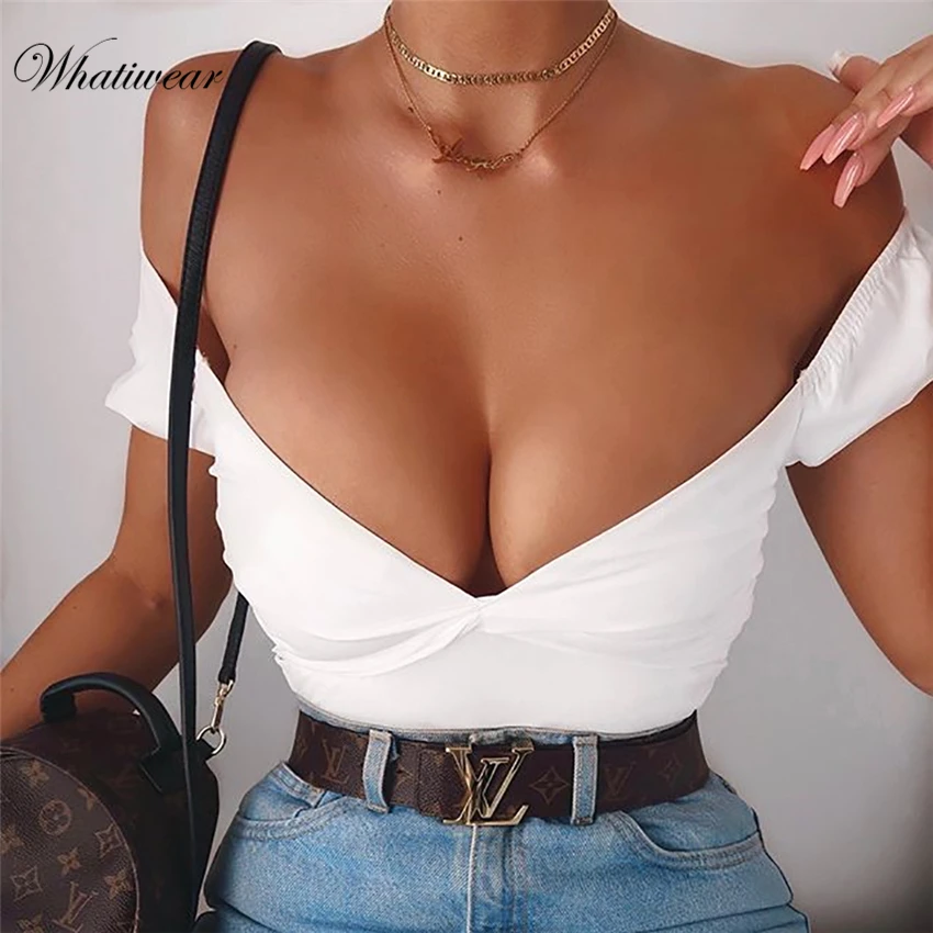 Whatiwear летние женские сексуальные тонкие с открытыми плечами топы с глубоким v-образным вырезом Футболка уличная одежда кроп-Топ рубашка женская блуза