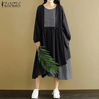 

2020 Vintage Patchwork Striped Dress ZANZEA Women Mid Calf Dresses Female Long Sleeve O Neck Sundress Ladies Loose Midi Vestidos