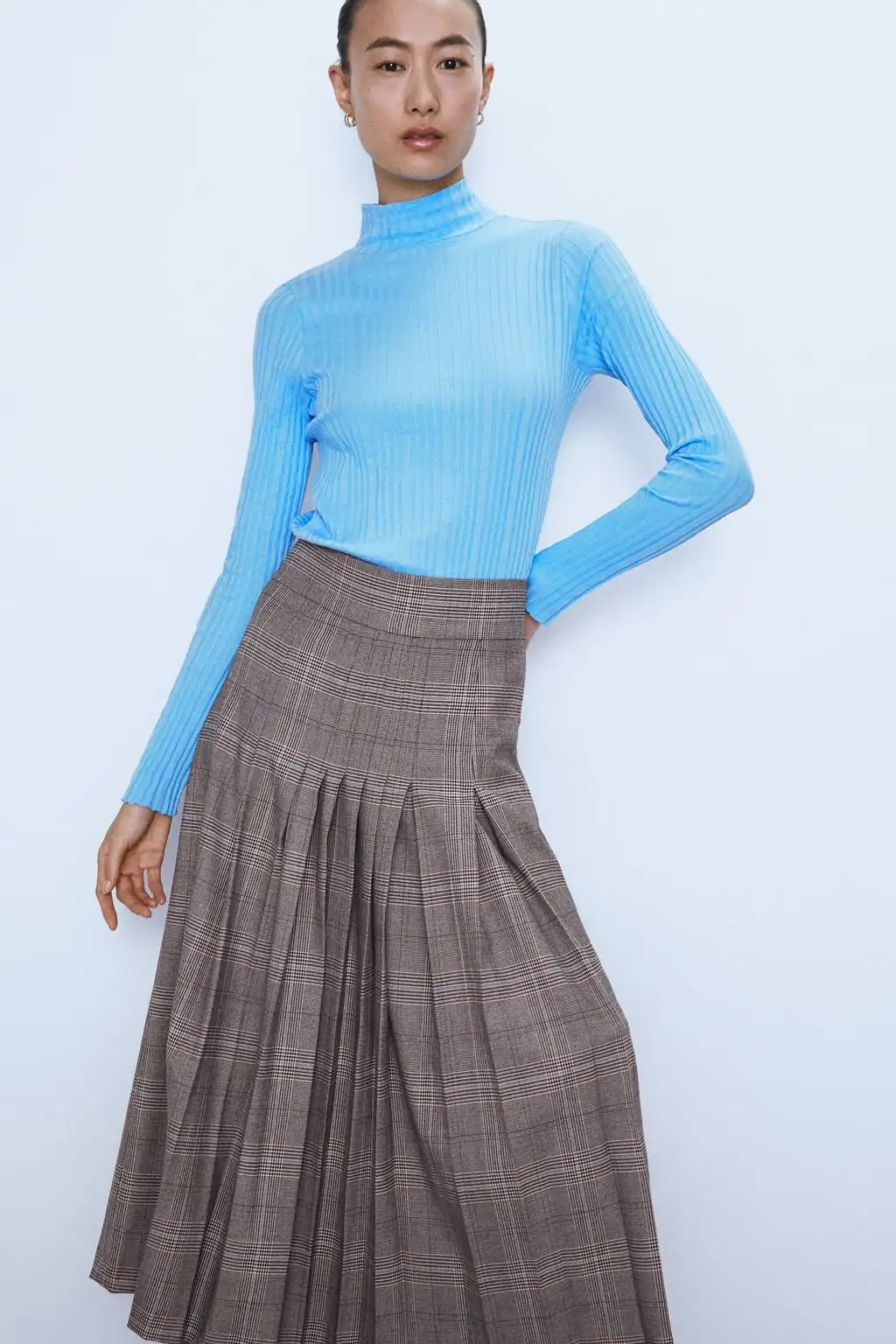 ZA Autumn and Winter New Women's High Waist Skirt Wide Pleated Plaid Skirt Side Stitch Dark Zip Closure