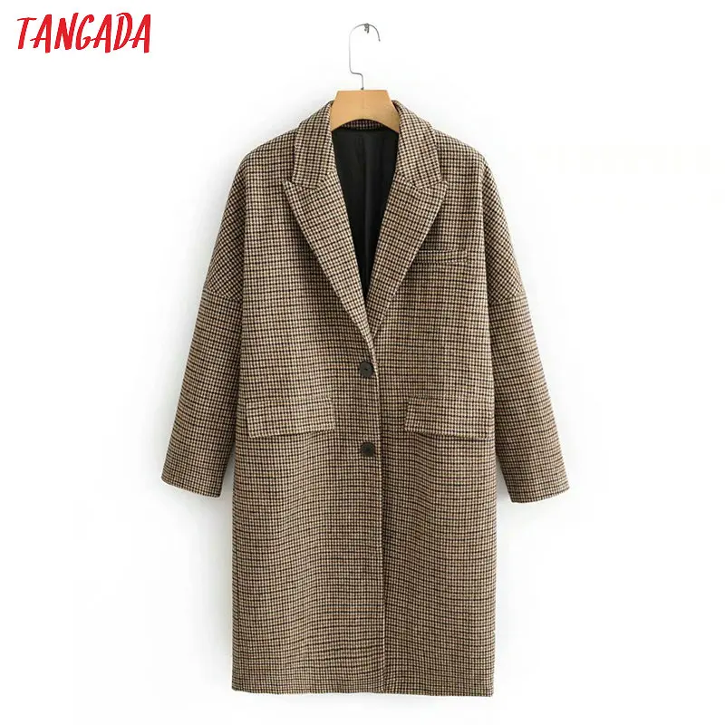 

Tangada women vintage plaid thick long coat female winter oversized overcoat vintage long sleeve pockets tops QJ101