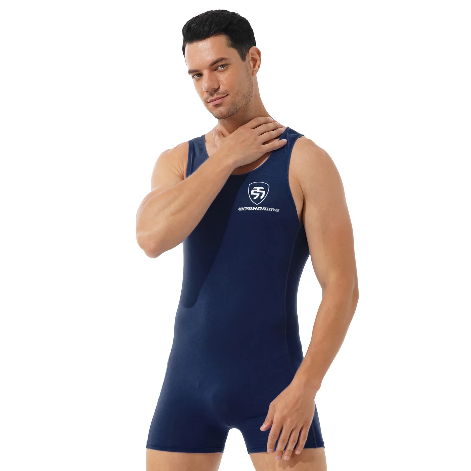 TiaoBug Men Round Neck Sleeveless Workout Sport Swimming Bodysuit Athletic Wrestling Boxers Fitness Gym Jumpsuit Leotard