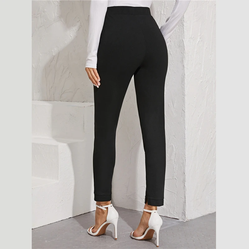 Sheinside Elegant Black Elastic Waist Pants Women Autumn High Waist Split Hem Crop Trousers Ladies Slant Pocket Pants