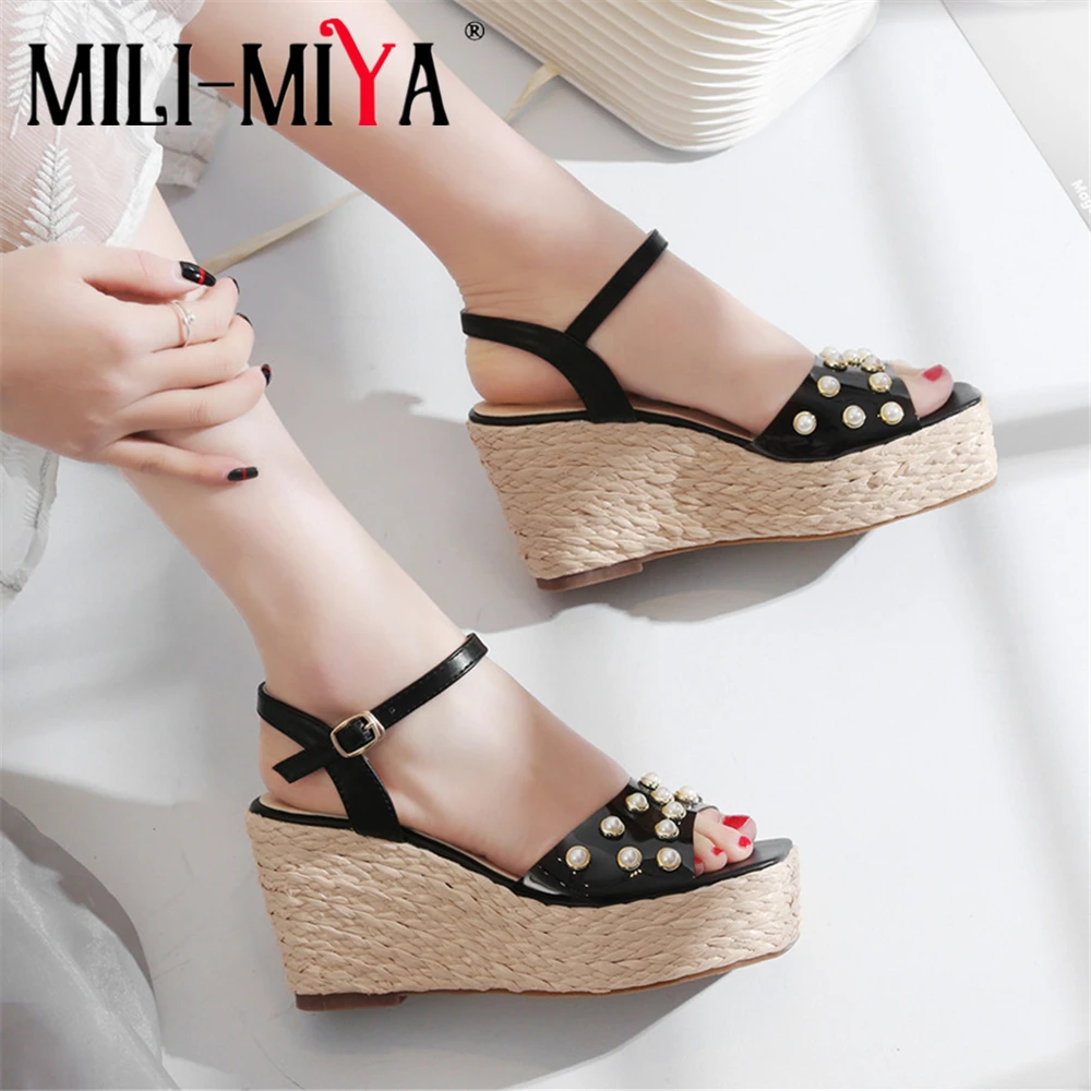 MILI-MIYA European Style Casual Thick Bottom Platform Wedge Sandals Women Pearl Rivets-Studded Open Toe Gladiator Sandal Female | Обувь