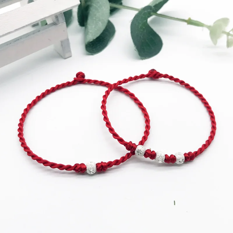 

Red Rope Couples Bracelets Pair Lettering Fine Silver Lucky Beads Men And Women Simple Handmade Woven Hand Strap Birthday Gift