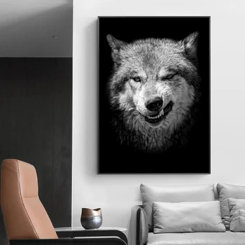 

Black and White Angry Wolfdog Art Canvas Painting on Canvas Posters Animal Prints Wall Art Picture for Kids Room Home Decor