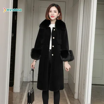 Günstig Frauen Winter Echte Schafe Lammfell Mantel Weiblichen Medium Lange Fuchs Pelz Kragen Wolle Mädchen Oberbekleidung Tops Und Blusen