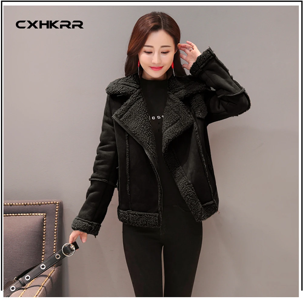 CXHKRR, новинка, оленья кожа, бархат, овчина, мотоциклетная куртка для женщин, короткий, с отворотом, мех, все-в-одном, толстый, корейский, хлопок
