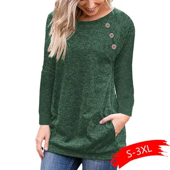 

New Basic pullover Winter Autumn Women Shirts O-Neck Long Sleeve Top Casual Buttons Pockets Bottoming Tee Shirt Plus Size