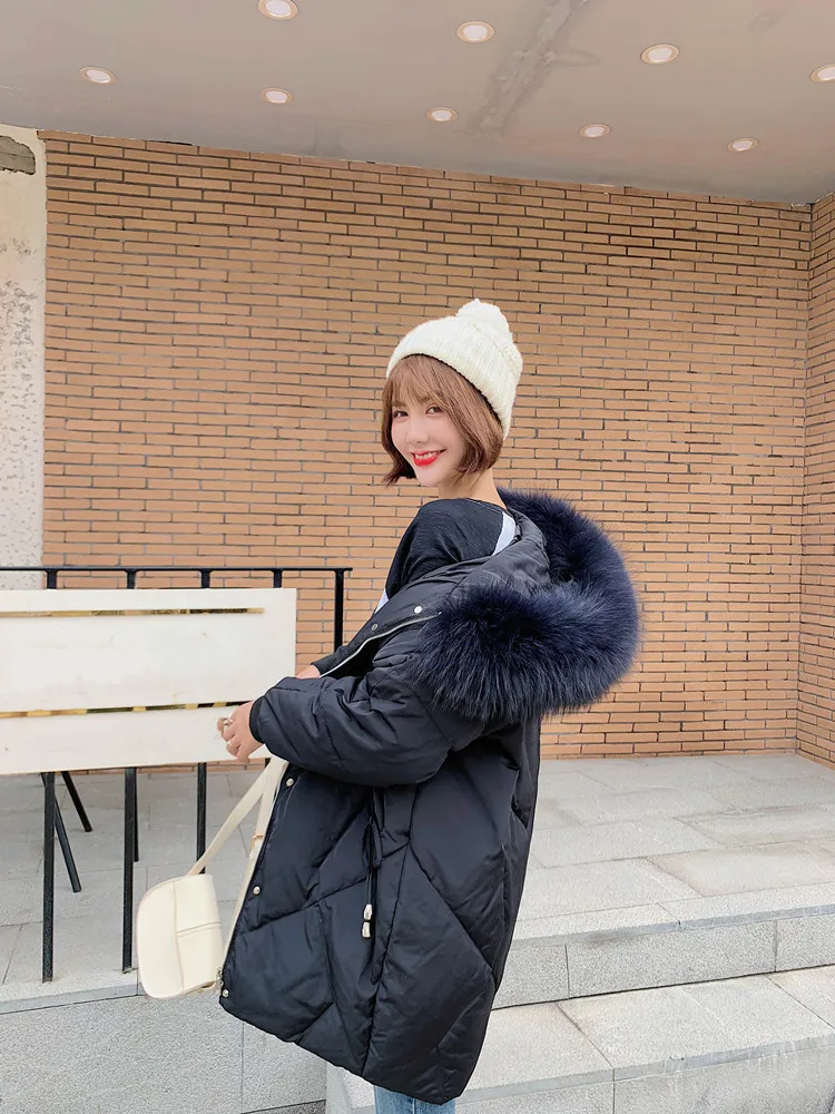 Off Season Special Offer Winter New Style down Jacket Women's Mid-length Thickening Large Fur Collar Loose-Fit Pocket Draws