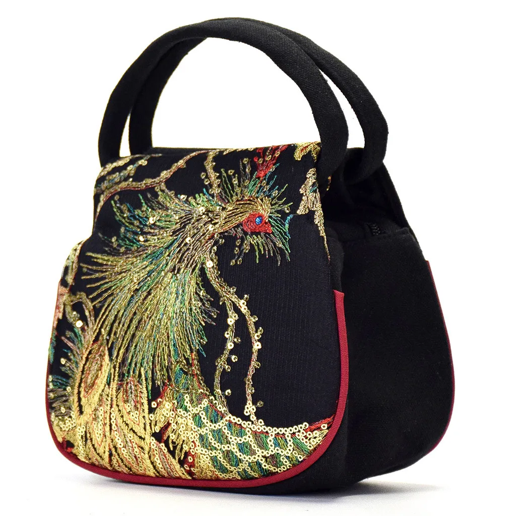 

Elegant Women Ethnic Style Totes Sequins Animal Embroidery Hand Bag Female Evening Party Tote Novelty Handle Bag Canvas Handbag