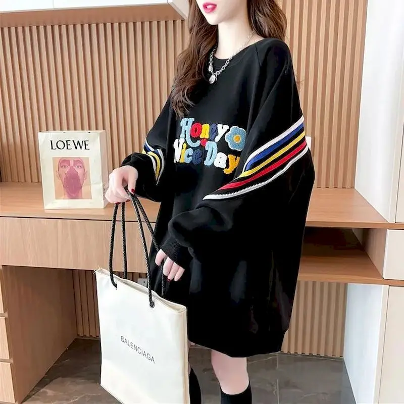 Crewneck Sweatshirt Women Plus Velvet Thicken Mid-length Contrast Color Pullover Autumn Winter 2023 New Korean Loose Top Trendy