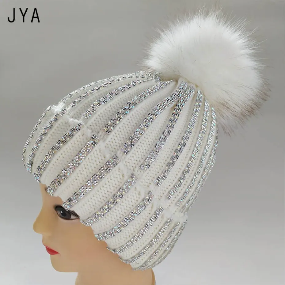 

High Quality Knitted Casual Skullies Beanies Cashmere Winter Hats for Women Girls Faux Fur Pompom Solid Color Autumn New Thick