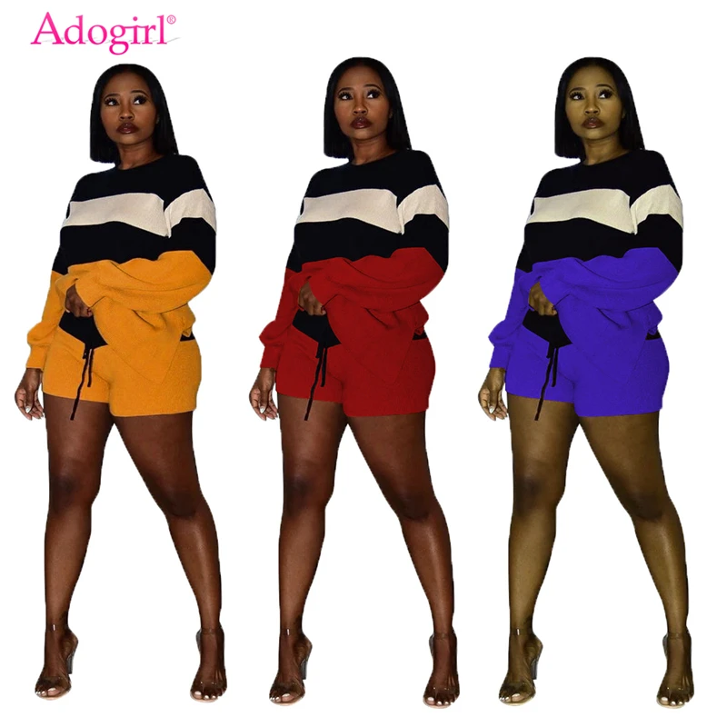 

Adogirl Color Patchwork Cashmere Two Piece Set Long Sleeve Loose Sweatshirts Pullover Top + Shorts Casual Warm Suits Streetwear