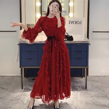 

New Arrival Spring Sexy high quality fashion Fungus red Dress Elegant Draped Party luxury slim a-line Long Dresses vestidos robe