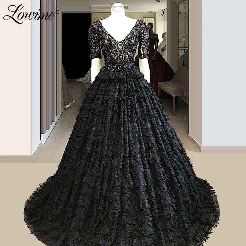 

Lace Black Party Dresses For Weddings V Neck Islamic Turkish Women Evening Gowns 2020 Formal Arabic Prom Dress Robe De Soiree