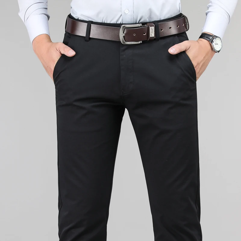 Классические мужские повседневные брюки цвета хаки, деловые модные хлопковые однотонные прямые Стрейчевые брюки, мужские Брендовые брюки, большие размеры 40, 42, 44 - Цвет: Черный