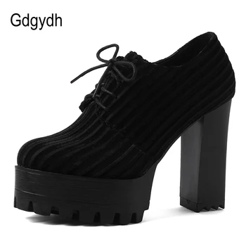 

Gdgydh Black Ankle Strap Pumps Women Shoes High Heels Corduroy Comfortable Platform Block Heels Punk Shoes For Party Big Size 43