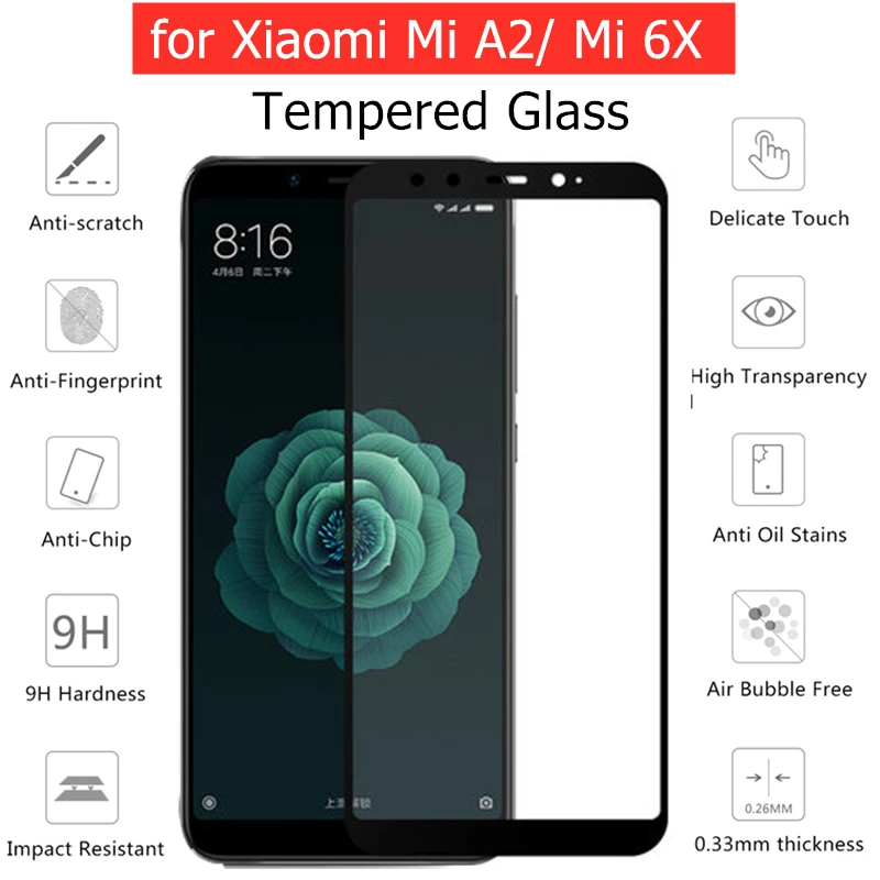 Передняя Защита экрана для Xiaomi Mi A2/ 6X закаленное стекло Черная защитная пленка