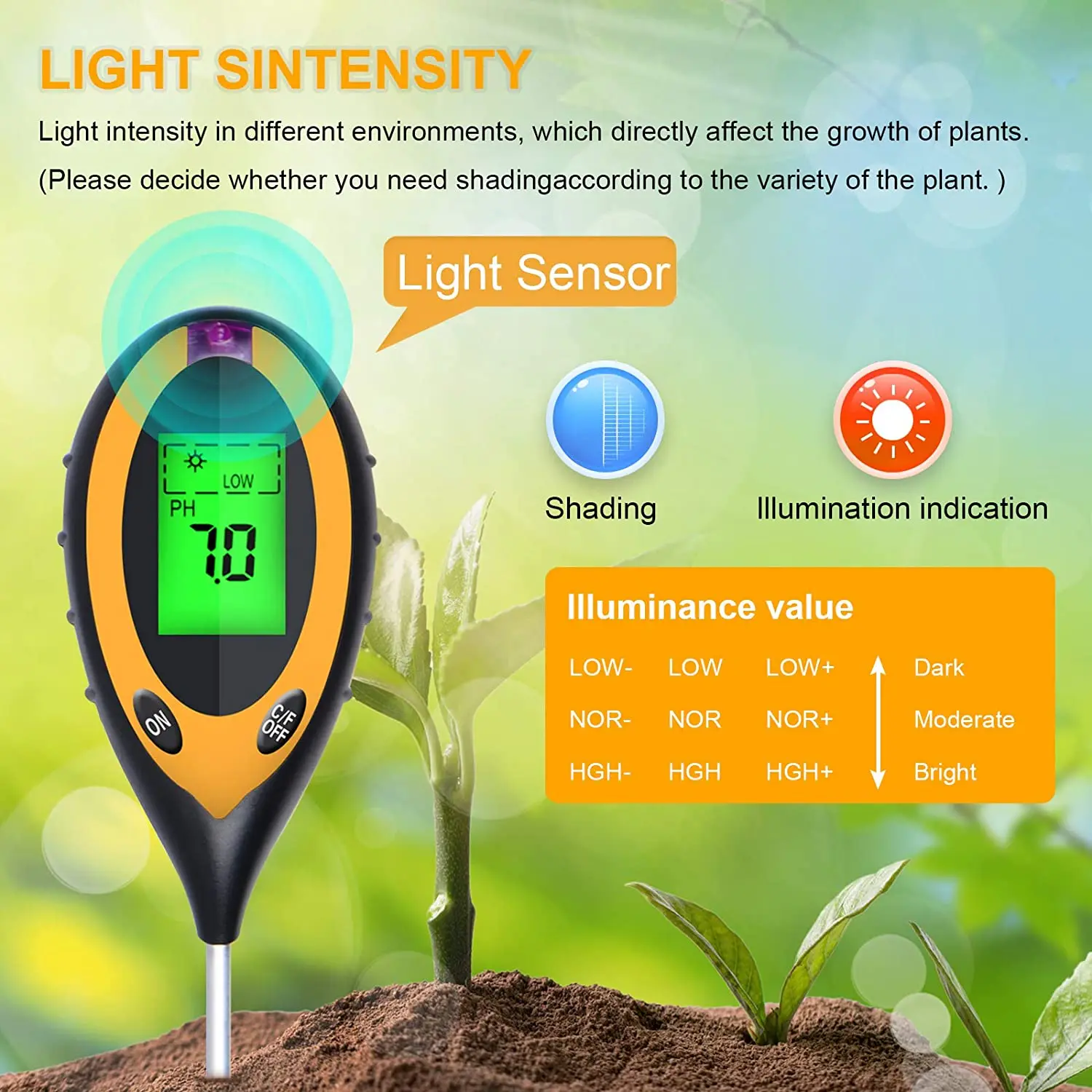 Soil pH Tester,4 in 1 Soil Moisture Meter,Soil Tester for Soil Moisture/PH  Meter/Sunlight Intensity/Soil Fertility,Soil Test Kit for Garden,Lawns,Farm