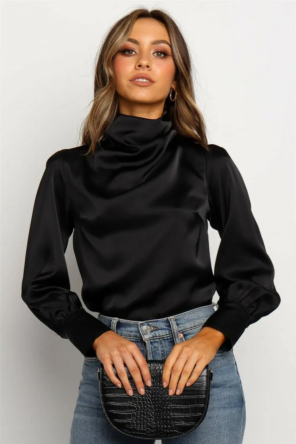 

Ladies Turtle Neck Top Women Autumn Casual Long Sleeve High Neck Solid Black T-Shirt Plus Size