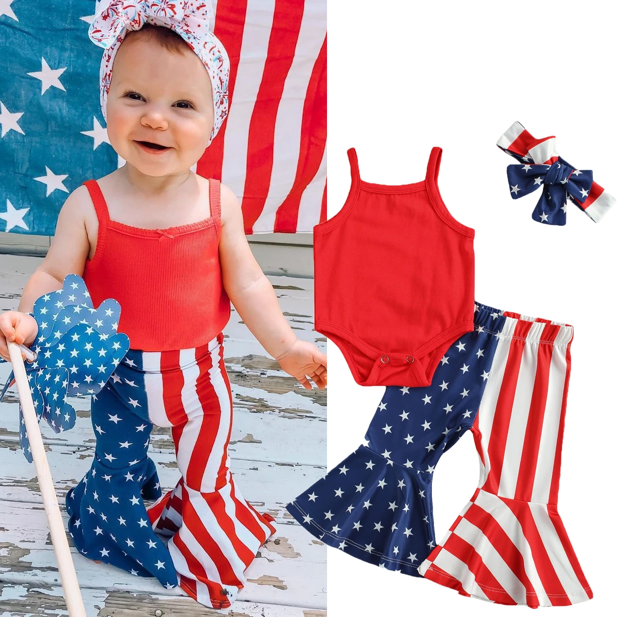 Baby Girl My First July 4th Clothes Strap Vest Romper+USA Flag Striped Flare Pants+Headband Outfit Set baby knitted clothing set