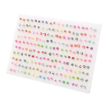 

100pcs/Set Mix Style Soft Clay Cute Candy Colorful Cartoon Animals Flower Heart Plastic Pin Stud Earings Sets Piercing Brincos