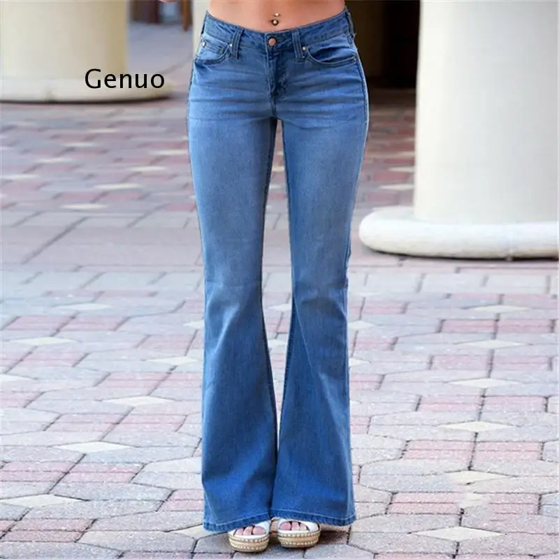 

Slim Fit расклешенные джинсы облегающие брюки для девочек, одежда для девочек, сезон: весна-лето середины талии Повседневная Уличная одежда для женщин потертые джинсовые штаны