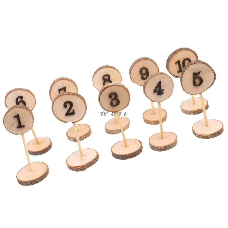 1-10 Rustic Wood Table Numbers Slices Stick Stand Base Seat Cards Decor Retro Wedding Party Supplies Party Direction Signs