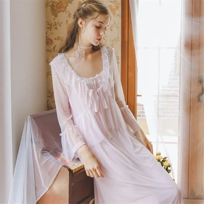 Осенняя одежда для сна, винтажная белая хлопковая ночная рубашка размера плюс, Женская домашняя одежда, ночная рубашка для свадьбы, ночное белье T543 - Цвет: Розовый