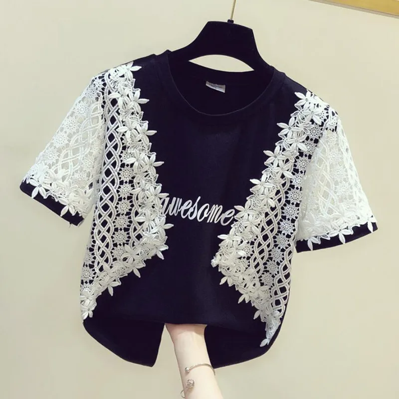 Новая женская летняя футболка модная из кружев кроше с надписями коротким
