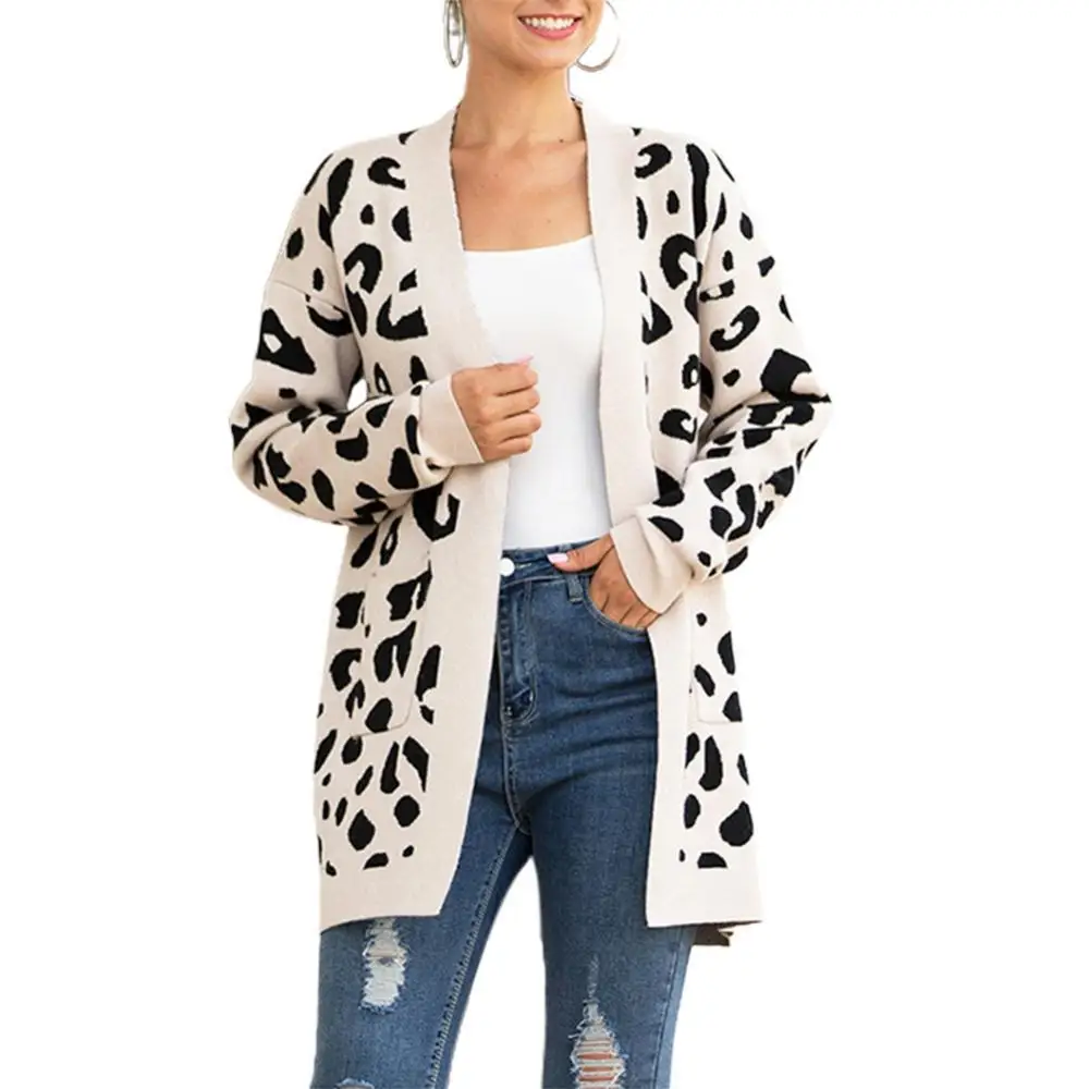Msikiver Womens Leopard Print Cardigan Sweater Open Front Long Sleeve Loose Knit Coat with Pockets 