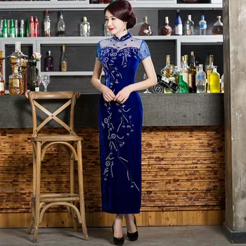 

Sexy Velvet Patchwork Women Qipao Evening Party Dress Vintage Mandarin Collar Cheongsam Elegant High Split Velour Vestidos