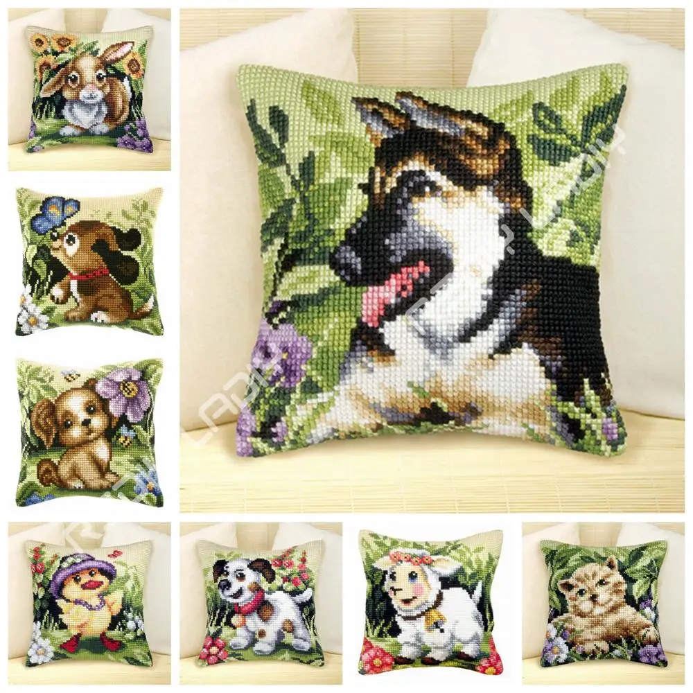 Günstige DIY Kreuz Stich Kissen Vorne Garten Welpen Blumen Kissen Klobigen Kreuz Stich Kits 100% Acryl Garn Kissen Fall Kunst   handwerk