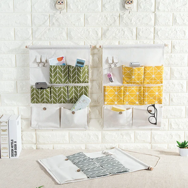 Cotton And Linen Hanging Bag Seven Grid Pockets Can Be Hanged Key Storage Door Wall Hook |