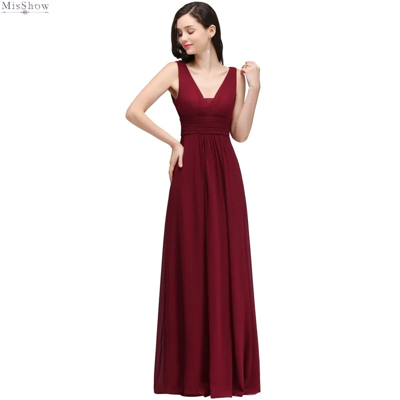 

Elegant Burgundy Chiffon Long Evening Dress 2019 Sexy A line Formal Party Gown V Neck Sleeveless robe de soiree