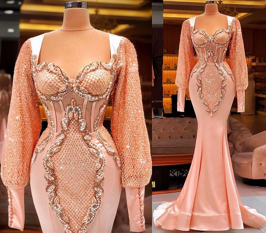 Plus Size Arabic Aso Ebi Luxurious Mermaid Sexy Prom Dresses peach pink Lace Beaded Long Sleeves Evening Formal Party gown plus size prom dresses