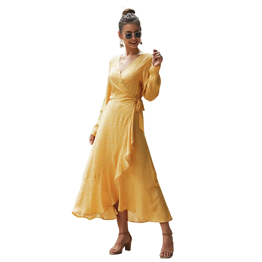 длинное платье женское осень 2019 с запахом v образным вырезом струящееся