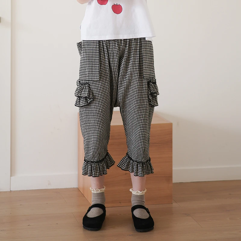 

imakokoni niche design original Japanese high waist lattice turnip cropped pants female summer thin 192643