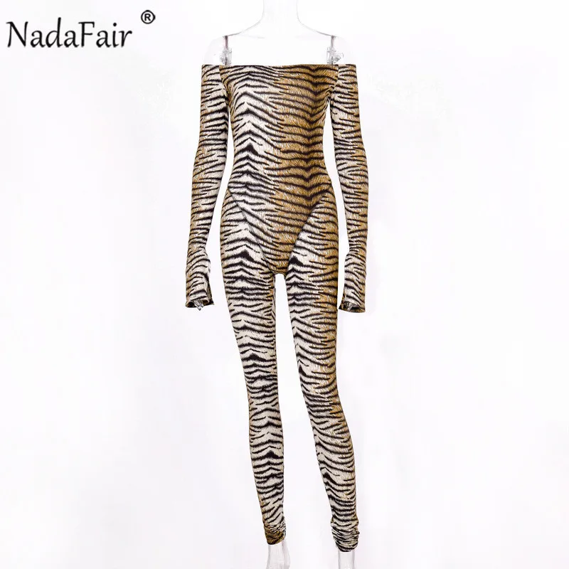 Nadafair Off Shoulder Tiger Bodycon Sexy Jumpsuit Animal Print Long Sleeve Autumn Winter Jumpsuits Women Rompers Streetwear - Color: Tiger